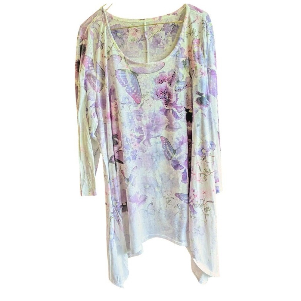Women Top 2X Floral Asymmetrical Rhinestone Butterfly Fairy Cottagecore Romantic - Picture 2 of 11